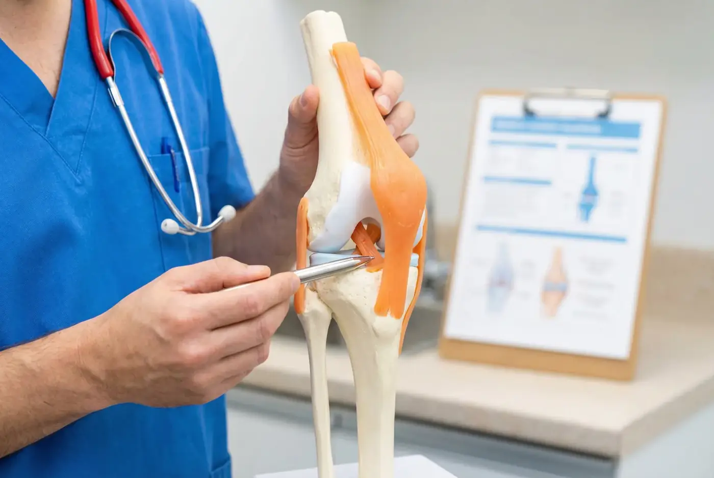 Un ortopedico mostra il modello anatomico del ginocchio